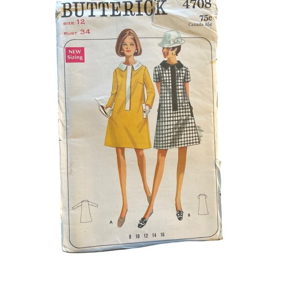 Butterick Sewing 1960s Pattern Size12 A-Line Dresses Contrast Trim Pockets Vtg - Picture 1 of 6